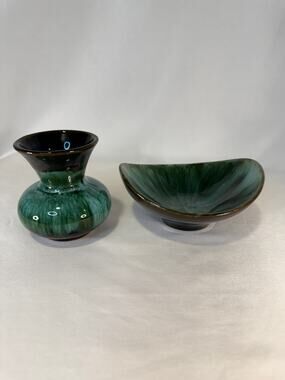 Vintage Blue Mountain Pottery Canada Green Drip Glaze Vase Bowl 2 Pc Set